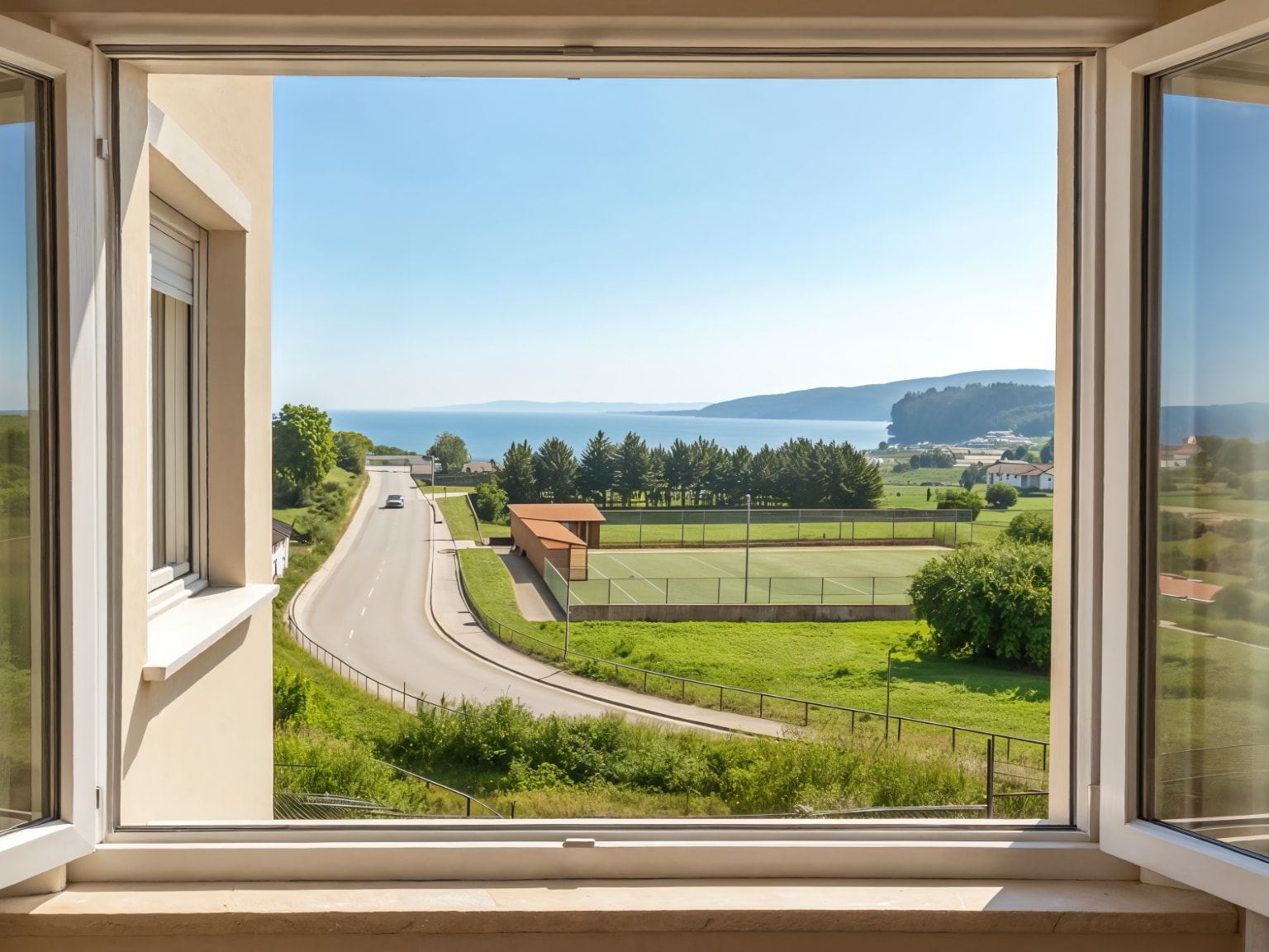 Ventana de Nova MSuites Catedrales con vistas panorámicas al campo, una pista de tenis y el mar