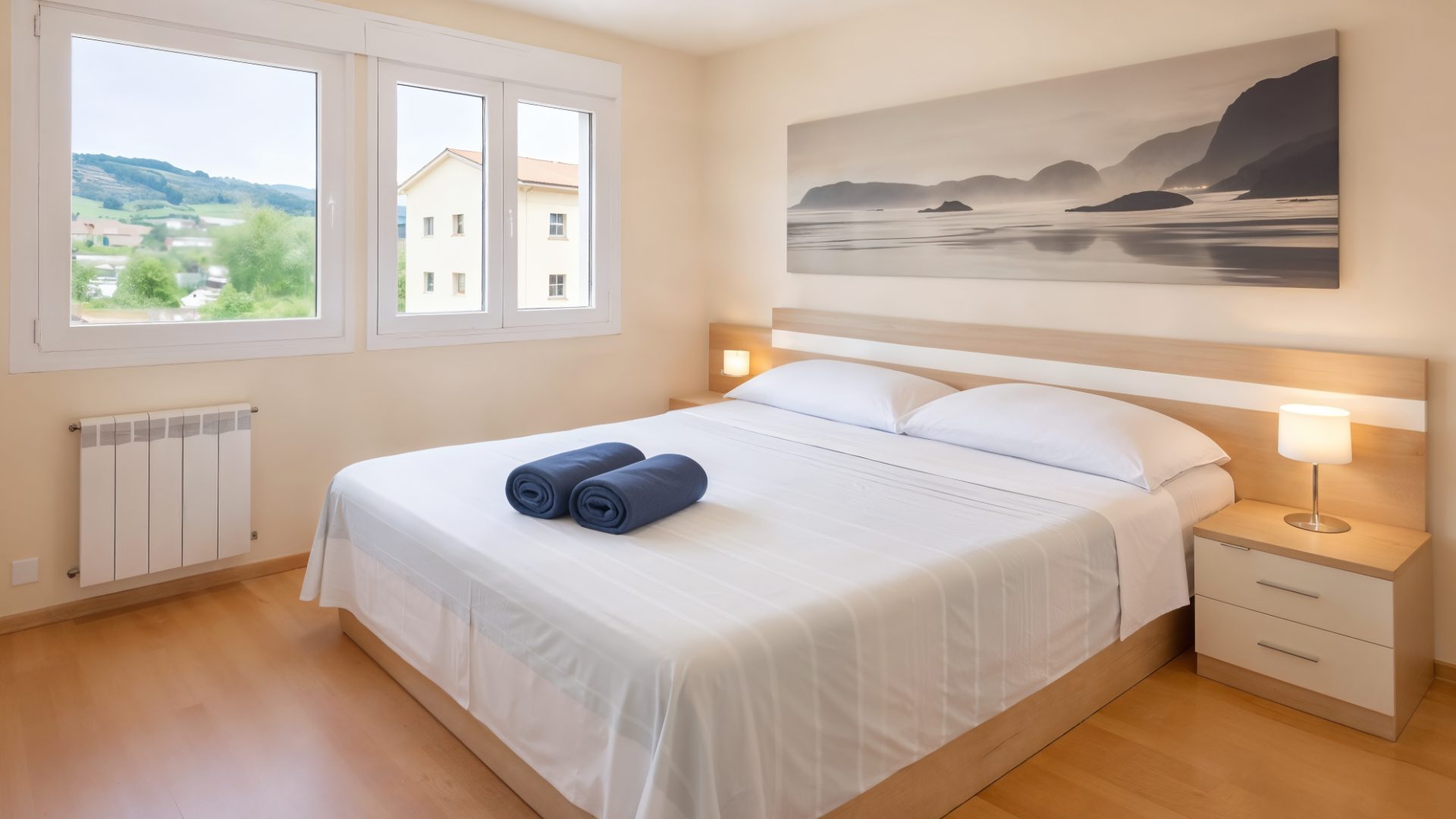 Dormitorio del apartamento de 1 habitación de Nova MSuites Catedrales, cama doble con colcha floral y lámparas de mesita