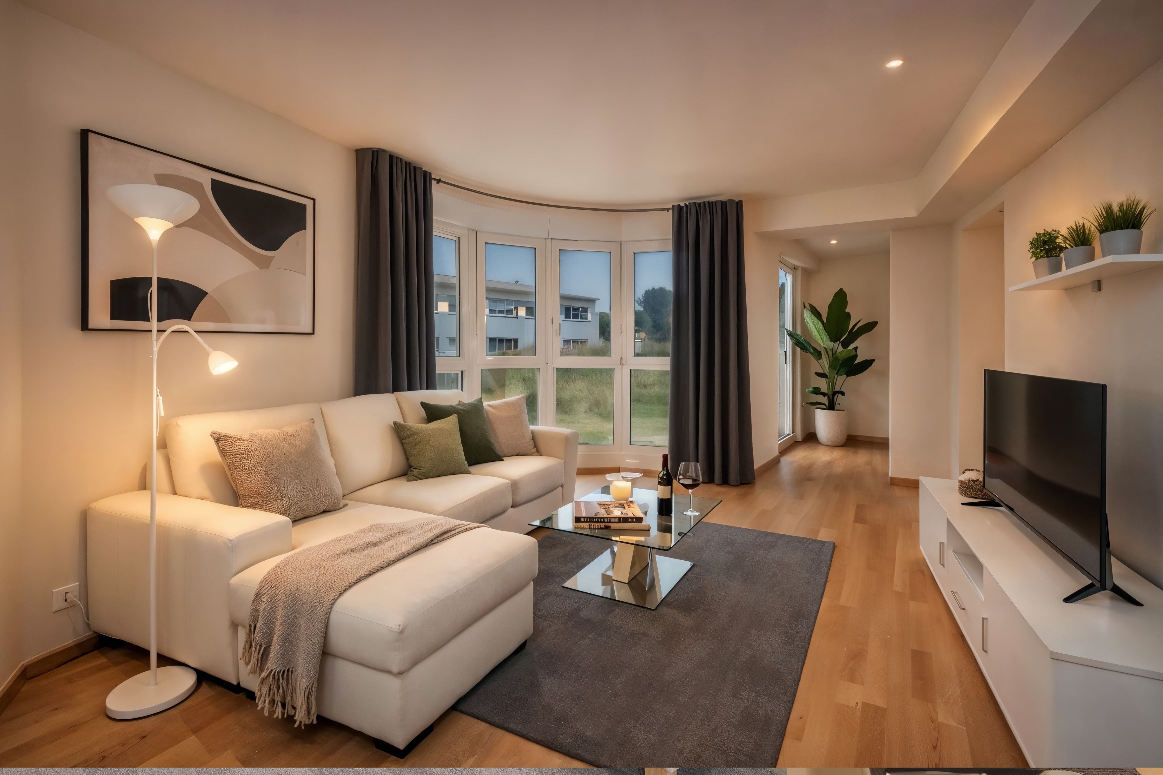 Amplio salón de Nova MSuites Catedrales al atardecer en Foz, con sofá rinconera crema y ventanal con vistas verdes